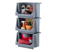 IRIS USA Stackable Storage Bins Open Front, Medium - 3 Pack, Heavy Duty Garage Organization, Husky Storage Bin, Tools Garden Hose Household Product, Wide Open Front, Interlocked Secure Stacking, Gray