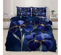 Irises Duvet Cover Sets Dark Blue Super King Bedding Set with Zipper Closure, Soft Microfiber Quilt Cover with 2 Pillowcases 50x75cm QD696