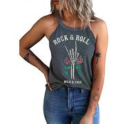 IRISGOD Womens High Neck Tank Tops Summer Graphic Halter Sleeveless Rocker Tee Shirts, 1-a141 Rock & Roll-grey, L