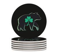 Irish Bear Lucky Shamrock Round Ceramic Coasters Non-Slip Cork Base Drinks Holder Craft 6PCS