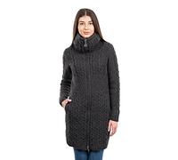 Irish Cardigan for Women with Pockets Made of 100% Merino Wool Ireland Long Coat, Charcoal, XX-Large