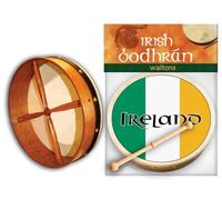 Irish Celtic Bodhran 8 Inch with Natural Goat Skin Head, Tri-Colour Irish Flag Design with Hardwood Beater - Waltons