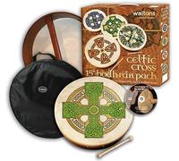 Irish Celtic Bodhran Drum 15 Inch with Natural Goat Skin Head, Celtic Cross Design with Hardwood Beater, Carrying Bag & Instructional DVD - Waltons