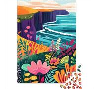 Irish Coastal Cliffs with Flowers Minimalist Art Jigsaw Puzzle 1000 Pieces, Famous Building Scenic Print, Interlocking Paper Pieces, Mindful Activity for Puzzle Lovers, 70x50cm/1000pcs