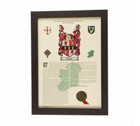 Irish Coat of Arms and Surname History Print in Black Frame, Custom Family Crest Wall Art, Personalised Ancestral Heritage.