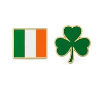 Irish Flag and Shamrock Pin Badge, Gold-Backed Beautiful Deep Green Shamrock Design