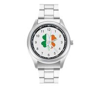 Irish Flag Four Leaf Clover Men's Steel Strap Watch Easy Reader Casual Silver Dial Fashion Analog Watches