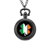 Irish Flag Four Leaf Clover Vintage Pocket Watch with Chain Classic Numerals White Dial