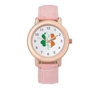 Irish Flag Four Leaf Clover Women's Leather Watch Easy Reader Minimalist Wristwatch Pink Rose Gold Strap Watches