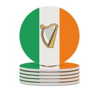 Irish Flag Ireland Harp Round Ceramic Coasters Non-Slip Cork Base Drinks Holder Craft 6PCS