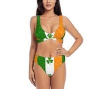 Irish Flag Print Women's Split Cross Bikini Set, Fashionable and Sexy Swimsuit,Summer Beach Vacation, Black, Large