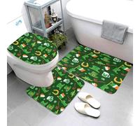 Irish Flags and Four Leaf Clovers St Patricks Day Flannel Bathroom Rug Sets 3 Piece, Non Slip Contour Mat Toilet Lid Cover and Bath Floor Mats Shower Mats for Bathroom Tub Toilet31.5x20in