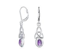 Irish Love Knot Oval Bezel Set Semi Precious Gemstone Purple Amethyst Dangle Celtic Knot Earrings For Women Teens .925 Sterling Silver Lever Back