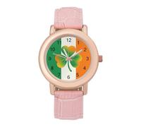 Irish Shamrock Flag Women's Leather Watch Easy Reader Minimalist Wristwatch Pink Rose Gold Strap Watches
