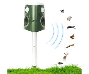 Irishom Solar Mole Repellent Ultrasonic Outdoor Pest Bird Squirrel Animal Repeller IP66 Waterproof 360 Degree PIR Sensor Auto Motion Detection with Flash LEDs Voice Alarm Detachable Rod