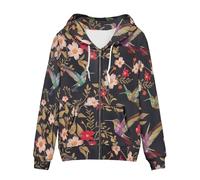 Irisjudy Color Stripes Zip up Hoodies for Women, Animal Texture Monet Art Sport Sweatshirt Ladies Hooded Tops for Spring Fall, Vintage Birds, XL