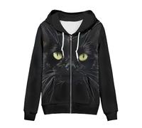 Irisjudy Color Stripes Zip up Hoodies for Women, Animal Texture Monet Art Sport Sweatshirt Ladies Hooded Tops for Spring Fall, Black Cats Black, Large