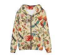 Irisjudy Color Stripes Zip up Hoodies for Women, Animal Texture Monet Art Sport Sweatshirt Ladies Hooded Tops for Spring Fall, Dragonfly Floral Painting, XL