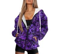 Irisjudy Gothic Thorn Rose Womens Oversized Sweatshirts Christmas Dachshund Zip Up Loose Hoodies Sugar Skull Workout Outfits, Purple Skull, Medium