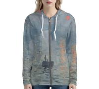 Irisjudy Island Tribal Zipper Women Hoodies with Pocket, Leopard Print,Music Notes Plus Size Hooded Sweatshirt Sport Coat, Monet Art Impression Sunrise, XL