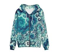 Irisjudy Island Tribal Zipper Women Hoodies with Pocket, Leopard Print,Music Notes Plus Size Hooded Sweatshirt Sport Coat, Fractal Art Spiral Blue, Medium