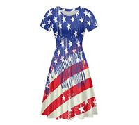 Irisjudy T Shirt Dress for Women Short Sleeve Girls Short Sleeve Dress Plus Size, O Neck Knee Length Midi Dress for Ladies, Stars Stripes American Flag, XXL