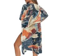 Irisjudy Women Beach Cover Up Cardigans Chiffon Open Front Kimono, Cute Fruits Loose Bathing Suit Cover Ups Wraps, Koi Carp Fish, Large