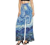 Irisjudy Womens Casual Wide Leg Long Lounge Pant Trousers, Monet Art Elastic High Waisted Palazzo Trousers Plus Size Clubwear, Starry Night Van Gogh Art, S
