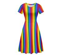 Irisjudy Women's Multicolour Striped T-Shirt Dress, Size L, Knee-Length, Short Sleeve, O-Neck, Plus Size, Rainbow Stripes