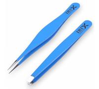 Irix London Professional Tweezer Set - Precision Slanted & Pointed Tips for Facial Hair & Eyebrows - Set of 2, Sharp Fine Tips, Long Slanted & Pointed Design (Blue)