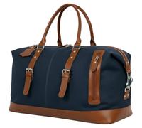 Irnado Genuine Leather Large 40L Canvas Weekender Travel Duffle Cabin Bag with Detachable Shoulder Strap for Men and Women Overnight Sling Bag, Blue, Duffle