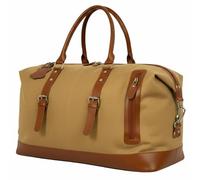 Irnado Genuine Leather Large 40L Canvas Weekender Travel Duffle Cabin Bag with Detachable Shoulder Strap for Men and Women Overnight Sling Bag, Tan, Duffle