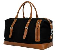 Irnado Genuine Leather Large 40L Canvas Weekender Travel Duffle Cabin Bag with Detachable Shoulder Strap for Men and Women Overnight Sling Bag, Black, Duffle