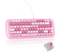 iRoboosta Pink Creamy Mechanical Gaming Keyboard, Aesthetic w/White Backlit, 84 Keys Cute Retro Typewriter Computer Keyboard Wired, Round Keycaps for Windows/PC/PS5