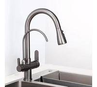 IROEJT 3 Way Kitchen Mixer Tap, Kitchen Mixer Tap with Pull Out Spray Brass, Kitchen Drinking Taps Sink Mixer Swivel Spout with 2 Handles, Black，Gun Gray
