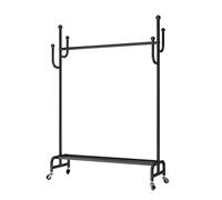 IROEJT Coat Rack, 360° Swivel Wheel Metal Drying Rack,Clothing Store Retail Display Coat Hanger, With Top Bar And Lower Storage Shoe Rack, 4 Hooks On Side Fro Hats And Bags,Gold，Black 100x40x172cm