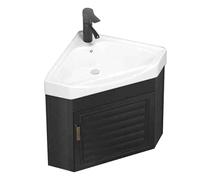 IROEJT Corner Bathroom Vanity Sink Combo, Wall Mounted Bathroom Sink Cabinet, Triangle Porcelain Ceramic Sink, Hot & Cold Faucet Combo, Storage Space, for Small Space，Black 37cm/14.6in