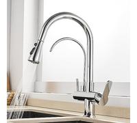 IROEJT Kitchen Sink Taps Mixer Waterfall 3-way kitchen mixer with extractable spshower 3-way tap for purifier purified water brass 3-Way kitchen mixer tap-chrome,Black，Chrome A