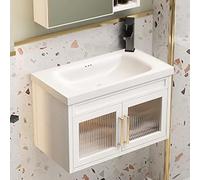 IROEJT Wall Mount Bathroom Vanity with Ceramic Rectangular Sink Space-Saving Floating Wash Basin for Small Spaces Stylish Vanity Sinks with Glass Cabinet Doors，23.6inchX60cm