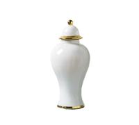 IROEJT White Porcelain Ginger Jar with Gold Trim Jingdezhen Ceramic Flower Vase With Lid Luxury Decorative Temple Jar for Entrance，S