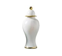 IROEJT White Porcelain Ginger Jar with Gold Trim Jingdezhen Ceramic Flower Vase With Lid Luxury Decorative Temple Jar for Entrance，L