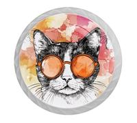 IROLSKDNFH Furniture Decorative Cabinet Knobs Drawer Pulls Handles,Cool Cat Wearing Orange Round Glasses Crystal Glass Round Knobs for Wardrobe Dresser Kitchen (4 Pack)