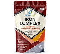 Iron Complex | 30 Vegan Tablets | One-A-Day with Gentle Iron Bisglycinate, Methylated B12 & Folate, Vitamin C, B6 & Copper | High Absorption Formula | Energy, Tiredness & Immune Support | by NutriVolv