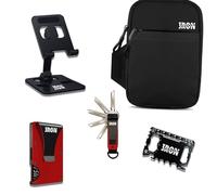 Iron Edge Men’s Gift Set, Everyday Carry Pack with Key Organiser, Wallet, Phone Stand, Multi Tool Card & Cross Body Bag Gift for Christmas, Father’s Day, & Birthday (Aluminium, Red, Black)
