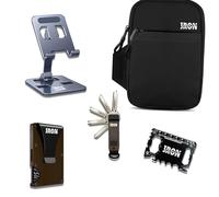 Iron Edge Men’s Gift Set, Everyday Carry Pack with Key Organiser, Wallet, Phone Stand, Multi Tool Card & Cross Body Bag Gift for Christmas, Father’s Day, & Birthday (Aluminium, Hazel Brown, Silver)