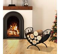 Outsunny Iron Folding Arced Firewood Log Holder Leaf Scroll Panel Indoor Outdoor, Black