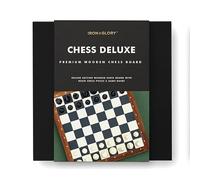 Iron & Glory Chess Deluxe | Board Games For Adults | Wooden Board Game Set | 34 Resin Pieces | 2 Extra Queens | Classic Black & White | Folding Storage Box | Luxury Strategy Gift for Men | Dads Gift