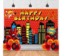 Iron Hero Birthday Party Supplies,Hero Man Party Decorations Set Include Backdrop, Balloons for Boys Girls Cartoon Theme Party