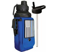 Iron Infidel Battle Bottle - 32 Oz Insulated Water Bottle with Straw Lid & Chug Cap, Stainless Steel Metal Flask Includes Rugged, Removable Sleeve for Keys, Wallet, & Phone (Thin Blue Line 1 Liter)
