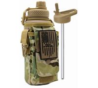 Iron Infidel Battle Bottle - 32 Oz Insulated Water Bottle with Straw Lid & Chug Cap, Stainless Steel Metal Tactical Flask With Rugged, Removable Sleeve for Keys & Phone or Wallet (OCP Camo 1 Liter)